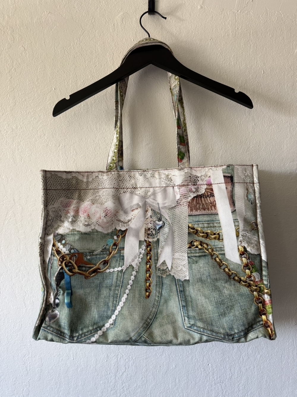 Acne Printed Canvas Tote in Mint, White and Pastel Accents - Picture 2 of 4